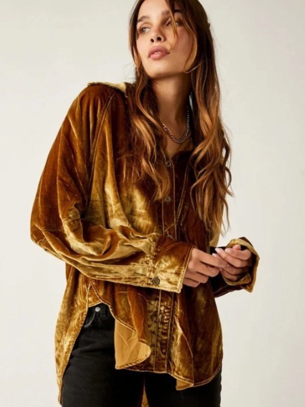 We The Free Free People  Bronze brown Night Skies Velvet Button-Front Shirt NWOT
